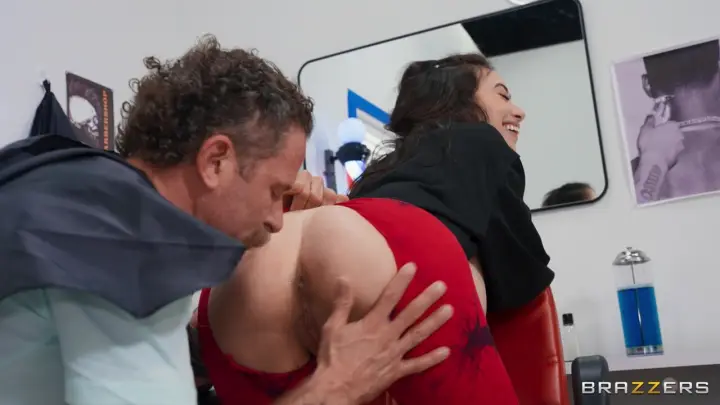 Dark haired babe enjoys having huge dick between her natural knockers and inside her beaver during a sex adventure in the barber shop — 6